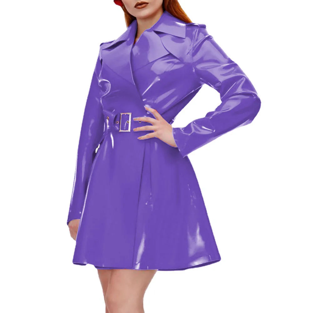 Women's Shiny PVC Leather Belted Trench Coat, Turn-down Collar Coats, Large Size, Latex Look Jackets