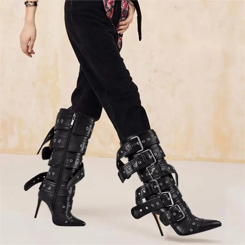 Women Pointed Toe Mid-Calf Boots Buckle Strap Thin High Heel Lady Zipper Female  Stiletto Boots