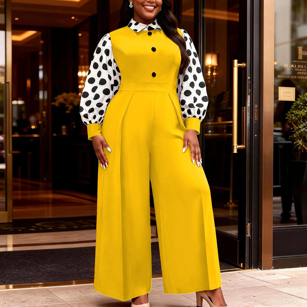 Stylish Polka Dot Long Sleeve Jumpsuit 
 Wide Leg Plus Size Rompers  Elegant Spring Summer Office Party Outfits