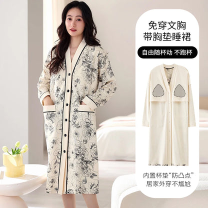 Spring and Autumn Women Nightdress With Chest Pad Femme Cotton Nightwear