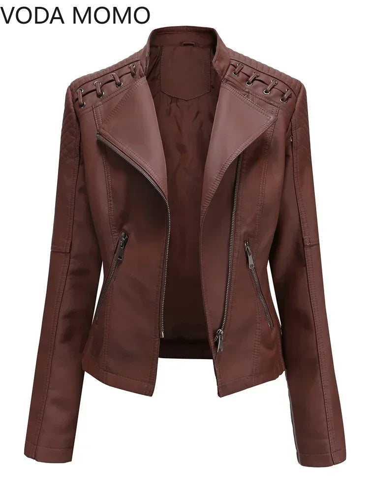 Autumn Spring Women Short Faux PU Jacket Slim Fashion Punk Outwear Motorcycle Leather Jacket Casual Coat
