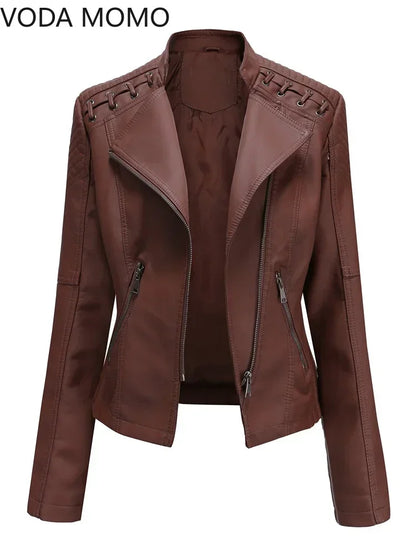 Autumn Spring Women Short Faux PU Jacket Slim Fashion Punk Outwear Motorcycle Leather Jacket Casual Coat