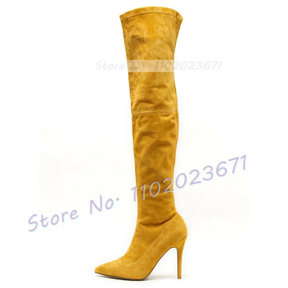 Yellow Suede Splicing Long Boots Women Vintage Streetwear