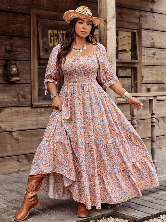 Plus Size Bohemian Maxi Dress with Square Neck & Floral Print for Women, Western Style Summer Dress