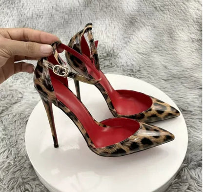 Red background leopard print high-heeled sandals with a straight buckle
 pointed toe  and sexy big size 12CM