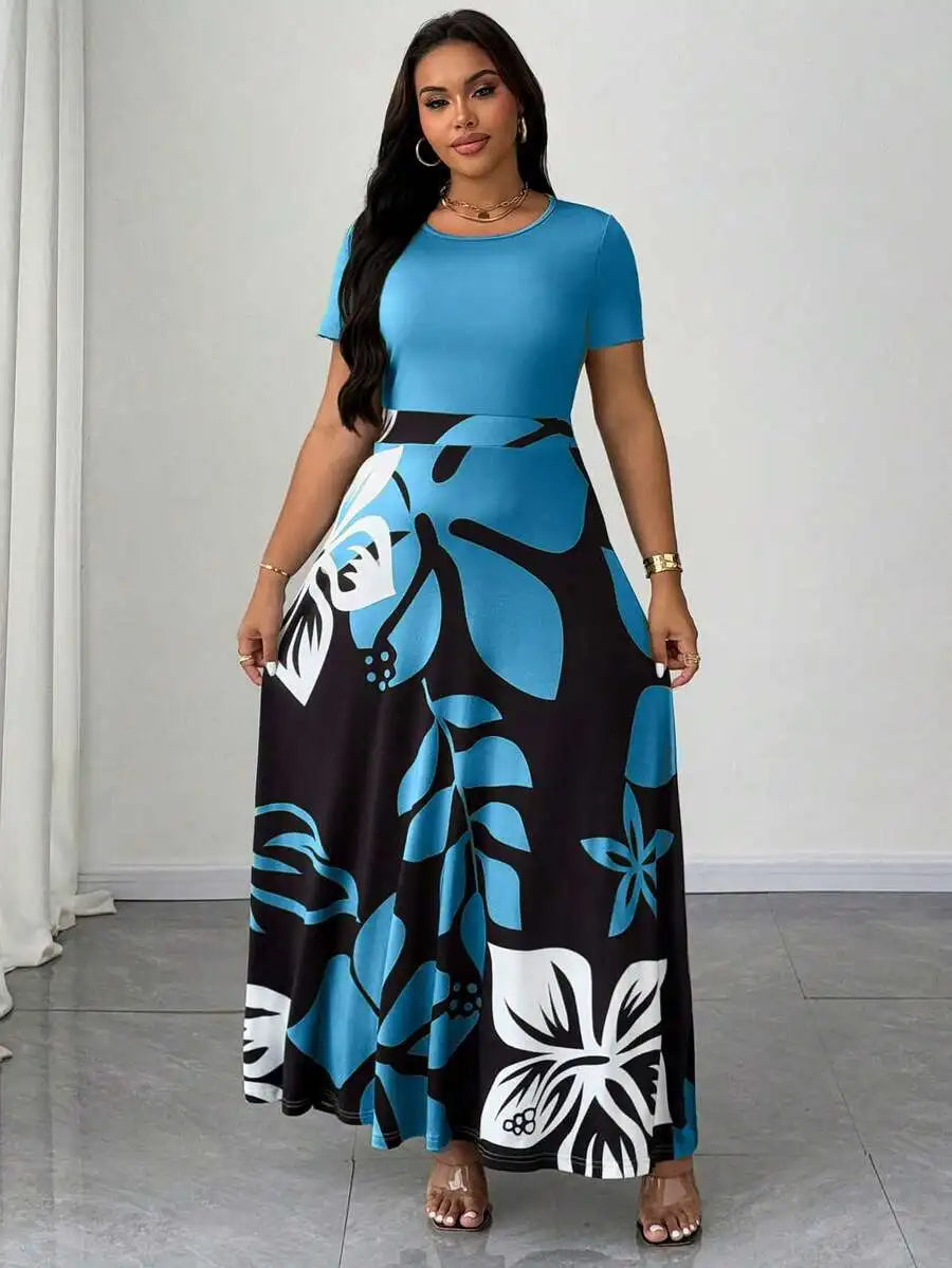 Plus Size Women Botanical Print Round Neck Short Sleeve Maxi Dress