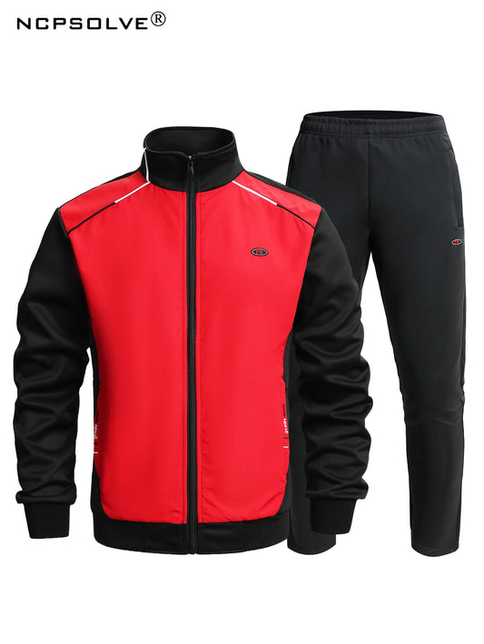 2pcs Sports Suit, Men's Classic Design Stand Collar Zip Up Jacket