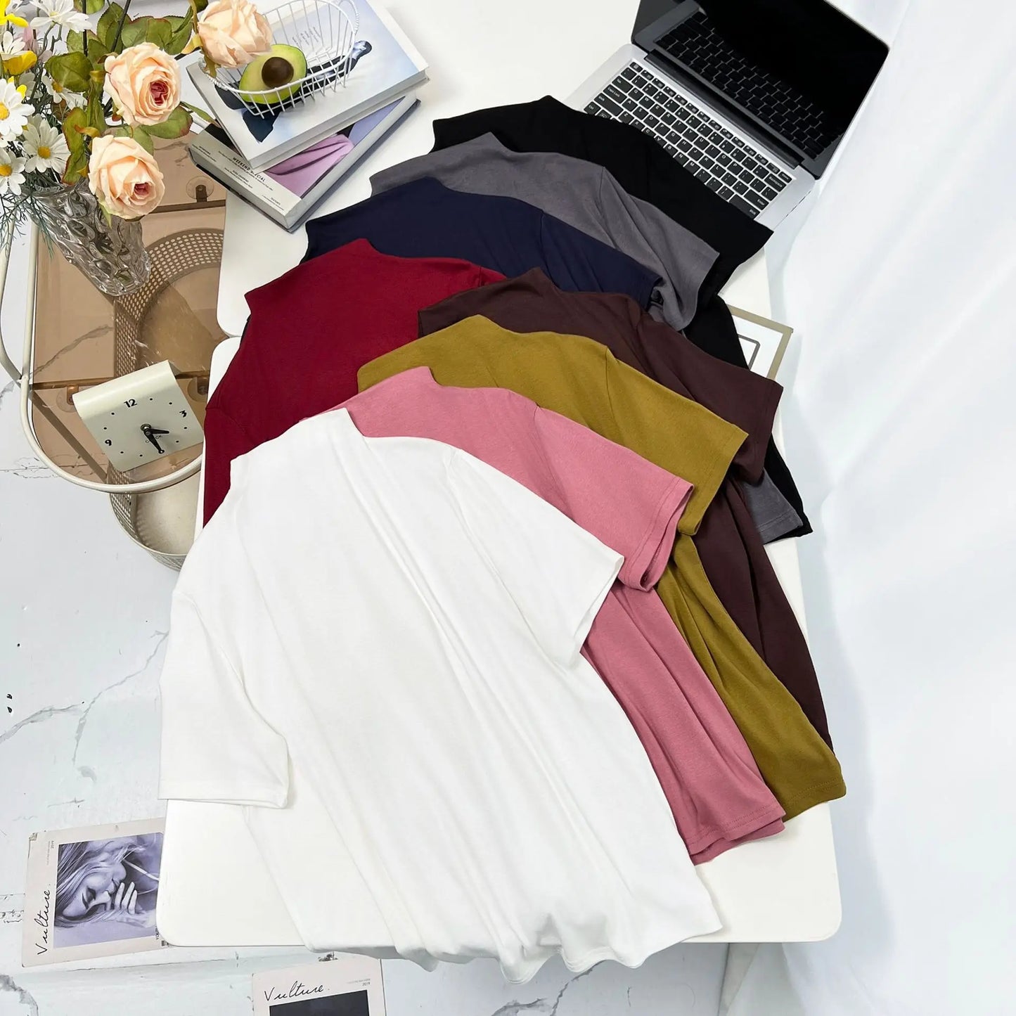 Temperament Half High Neck Solid Color Short Sleeve Tees Plus Size Women's Base T-shirt