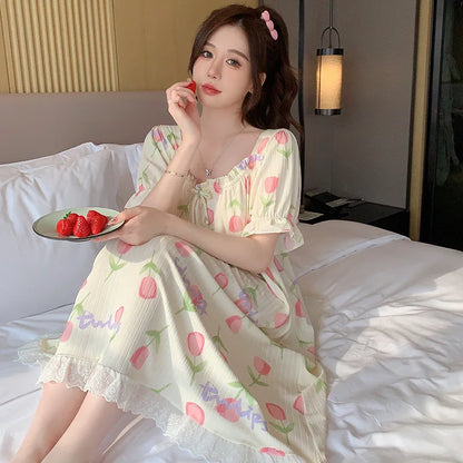 M-5XL Plus Size Sleep Dress for Women Sweet Summer Sleepwear Students Cute Print Nightgown Pajama Sleepshirt
