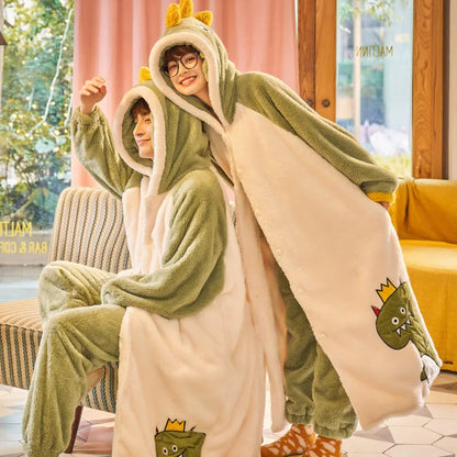 Coral Velvet Pajamas for Women Men Winter Thickened Plush Long Sleeve Hooded Bath Robe with Trousers
