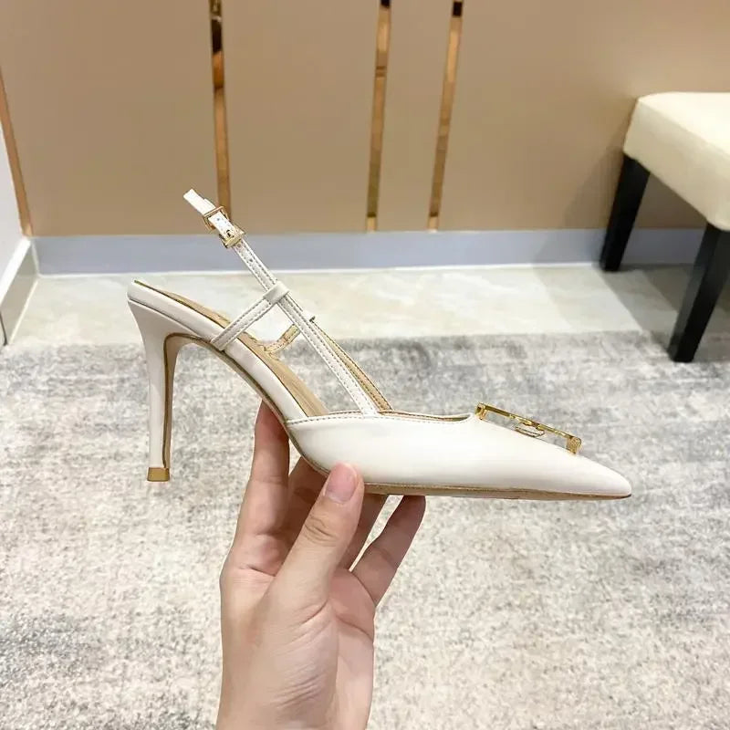 White Elegant Women's Stilettos Summer Fashion Sandals with Metal Buckle Baotou Pointed Back Design
