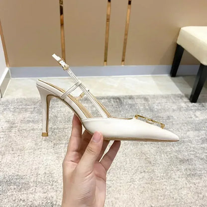 White Elegant Women's Stilettos Summer Fashion Sandals with Metal Buckle Baotou Pointed Back Design