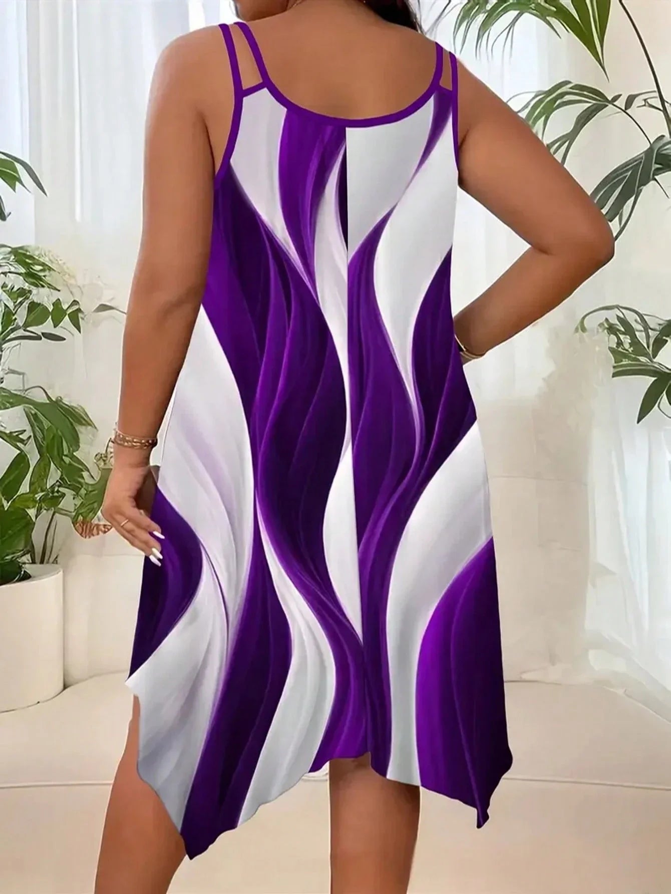 Plus Size Women Casual Striped Print Asymmetric Hem Sleeveless Dress Summer Elegant