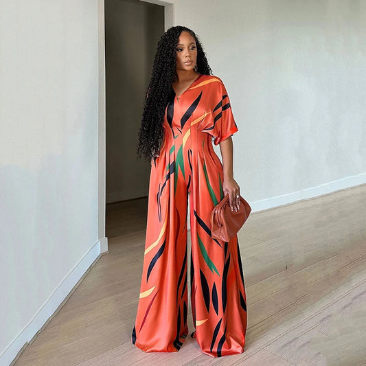 Women Spring / Autumn Half Sleeve Print V-neck High Waist Fashion  Jumpsuit