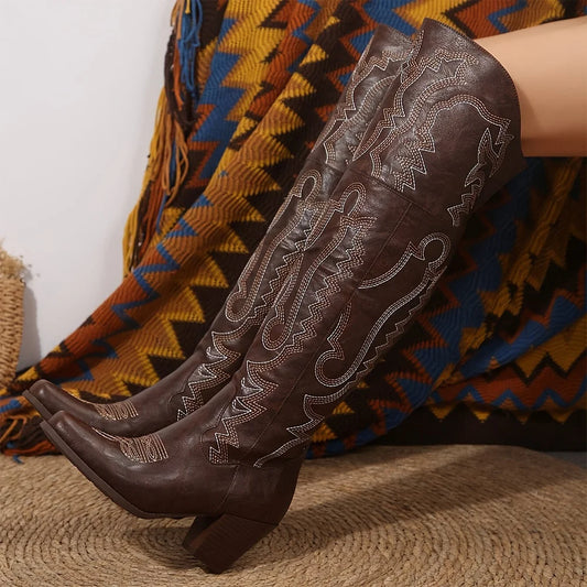 Vintage Western Cowboy Boots For Womens Fashion Embroidered Pointed Toe