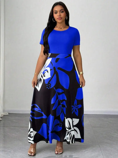 Plus Size Women Botanical Print Round Neck Short Sleeve Maxi Dress