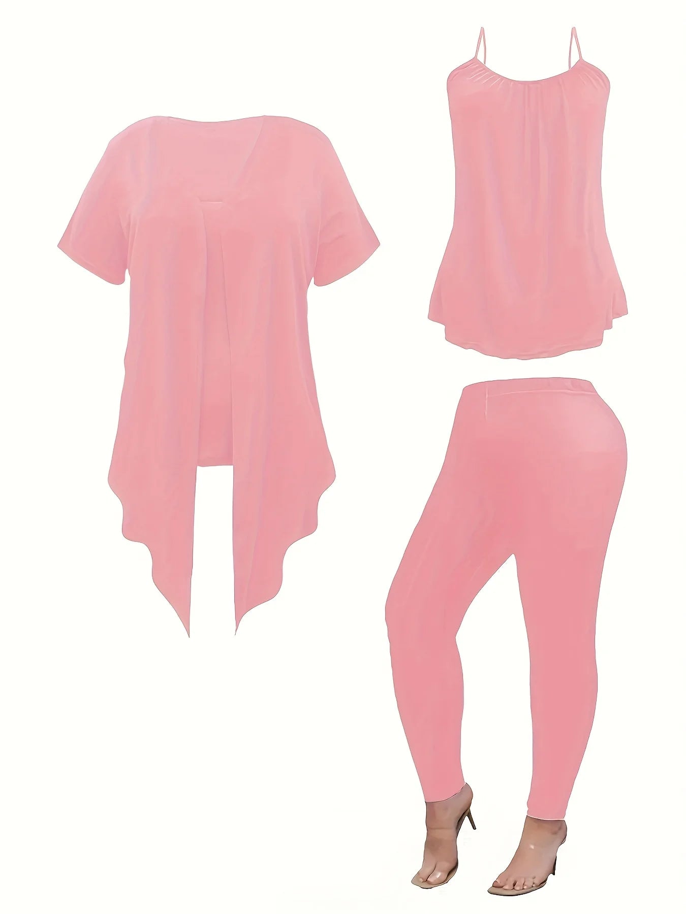 Women's Plus Size Solid Color Casual 3-Piece Set - Wavy Short Sleeve Jacket, Tank Top, and Leggings