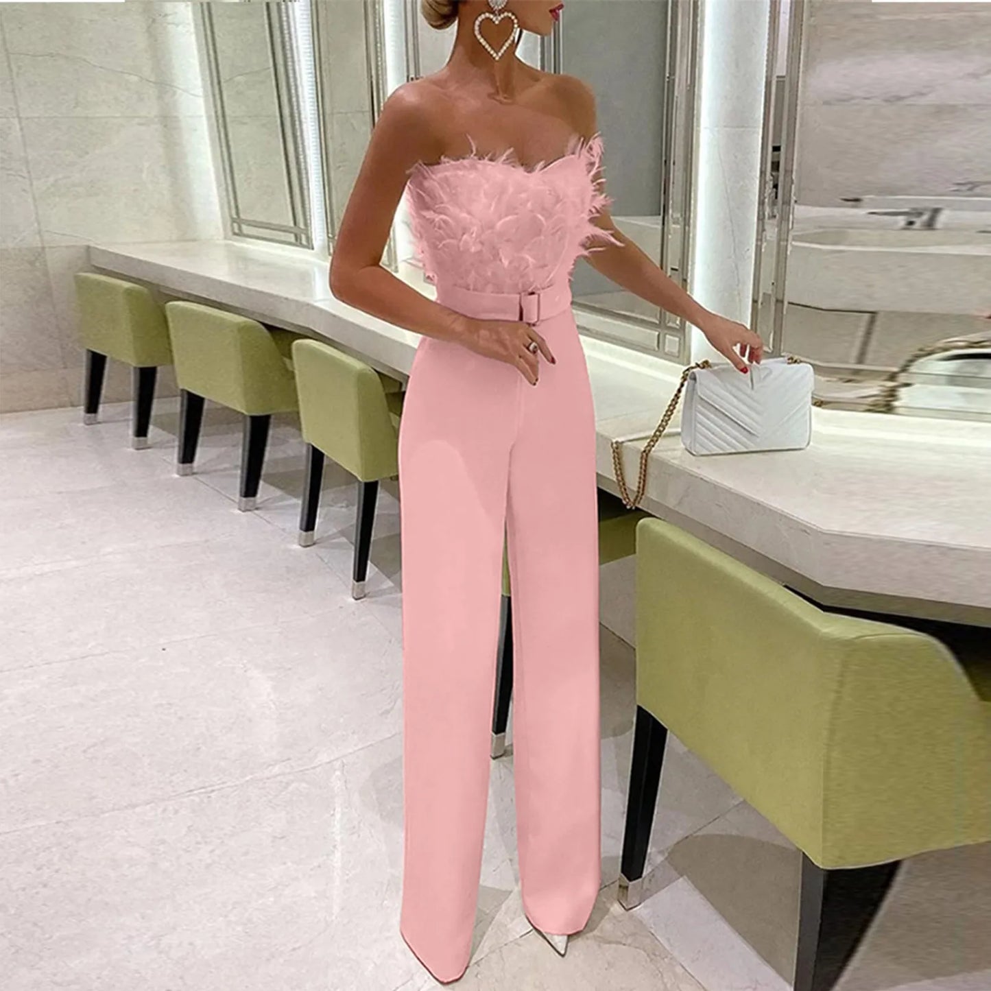 Women Jumpsuit Feather Tube Top Sexy Evening Jump Suits Sleeveless High-waisted Straight Playsuits Night Clubwear Overalls