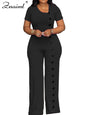 Women Elegant Long Jumpsuits for Party Summer Short Sleeve Buttons Solid Color Wide Leg Pants Rompers One Pieces Overalls
