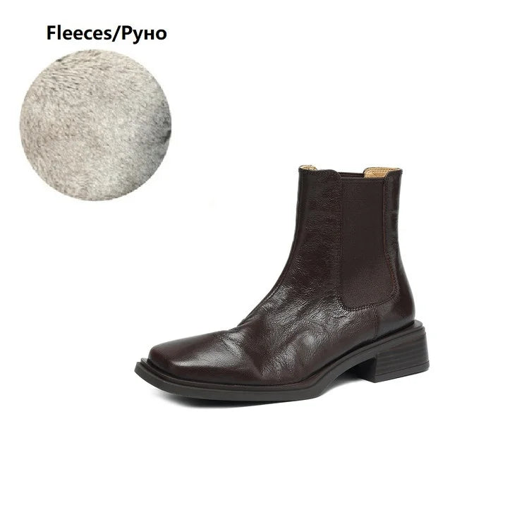 Women Genuine Leather Boots Square Toe Chunky Heel  Slip-on Modern Boots