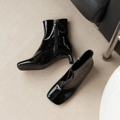Genuine Leather Square Toe Ankle Boots