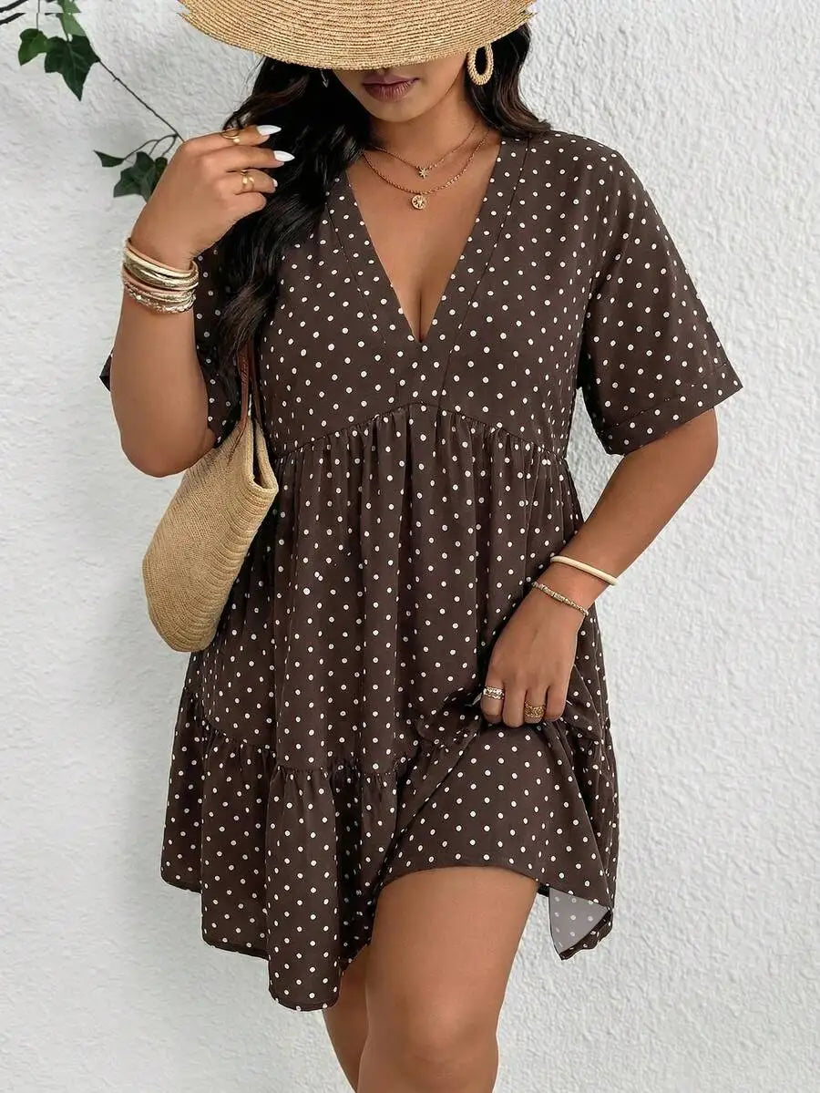 Women Plus Size V-Neck Polka Dot Casual Flowy Dress Summer
