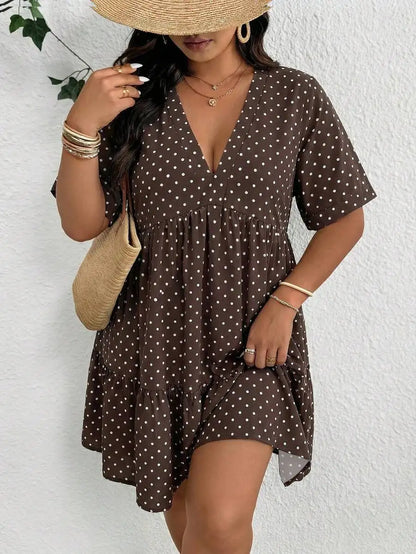 Women Plus Size V-Neck Polka Dot Casual Flowy Dress Summer