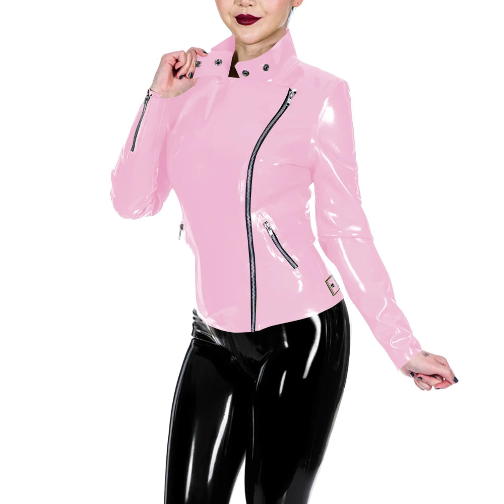 Glossy Leather Motorcycle Jacket for Women Long Sleeve Gothic Punk Style Coat
