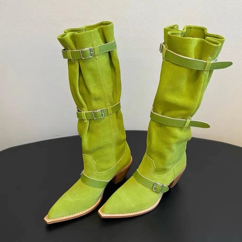 High Heels Long Boots Women Belt Buckle Pointed Toe