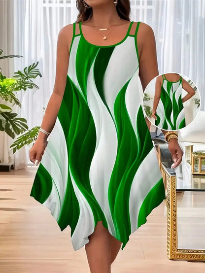 Plus Size Women Casual Striped Print Asymmetric Hem Sleeveless Dress Summer Elegant