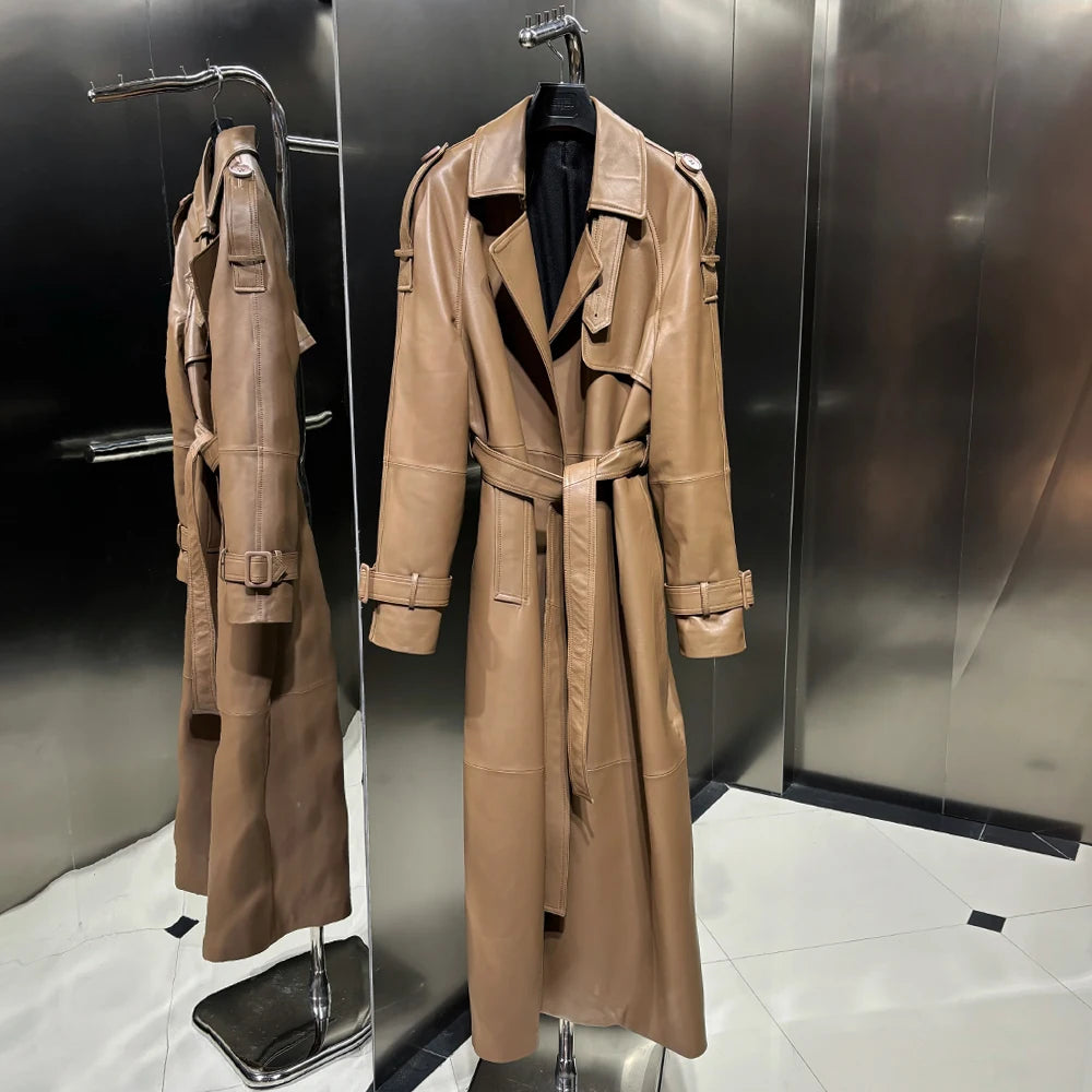 Crocodile Textured Leather Coat Long Ladies Real Sheepskin Coat Genuine Sheep Leather