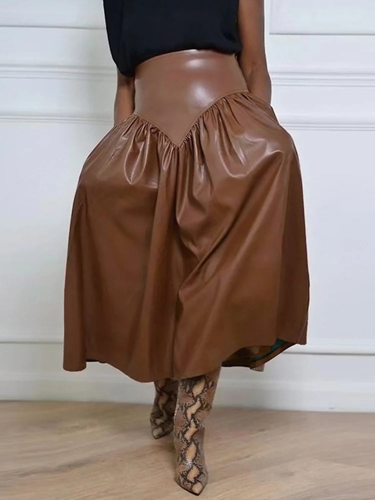 Women Plus Size High Waist Flared Leather Skirt
