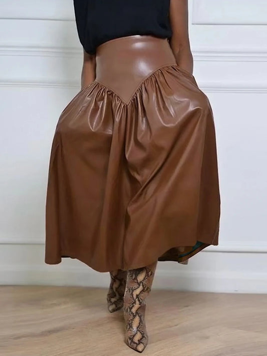 Women Plus Size High Waist Flared Leather Skirt