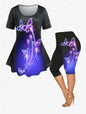 Plus Size 3D Print Tee and Capri Leggings Matching Set for Women Butterfly Floral Pattern Cloth
