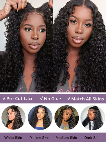 Wear And Go Deep Wave Glueless Preplucked Human Hair Lace Frontal Wig Water Wave For Women Pre Cut
