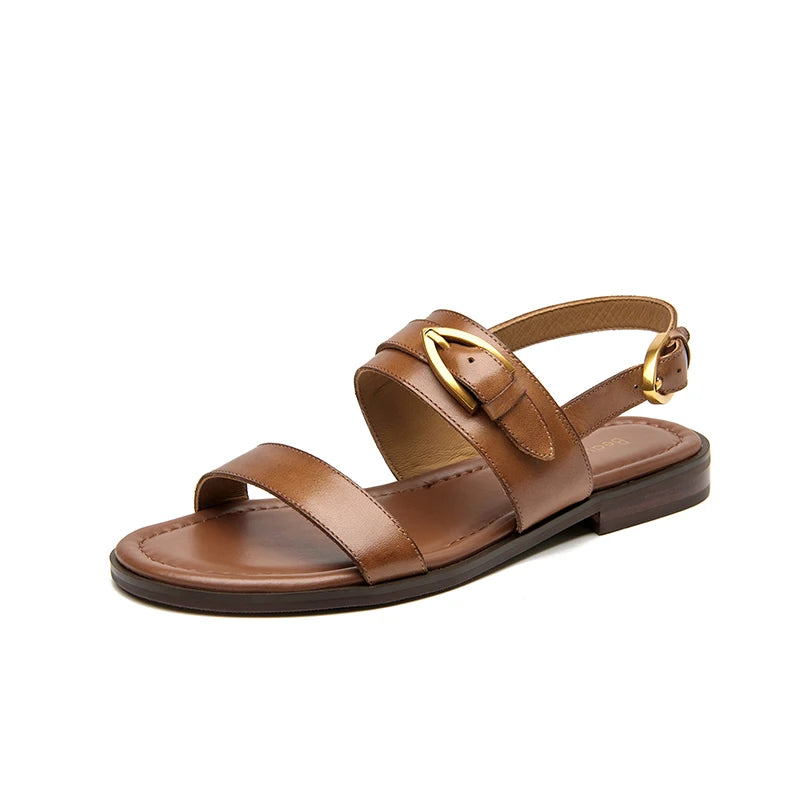 Flat Sandals Genuine Leather Metal Buckle  Slingback Low Heel Summer Retro Ladies Shoes