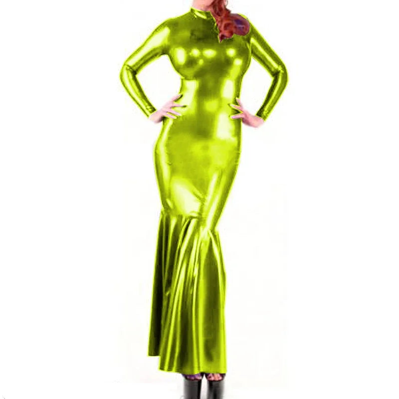 Shiny Metallic Party Evening Gown Dress High Neck Long Sleeve Mermaid Dress