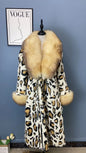 Women Fox Lapel Collar Natural Whole Skin Genuine Fur Long Jacket Real Rabbit Fur Leopard Print Overcoat