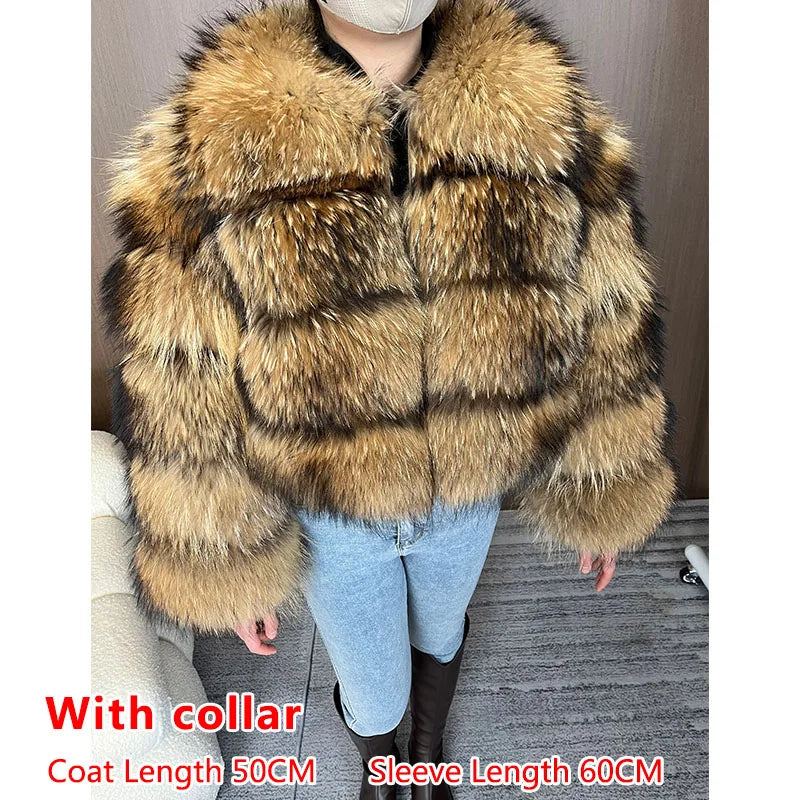 Real Fur Coat Women Natural Raccoon Fur Jacket  Long Sleeve With Hat