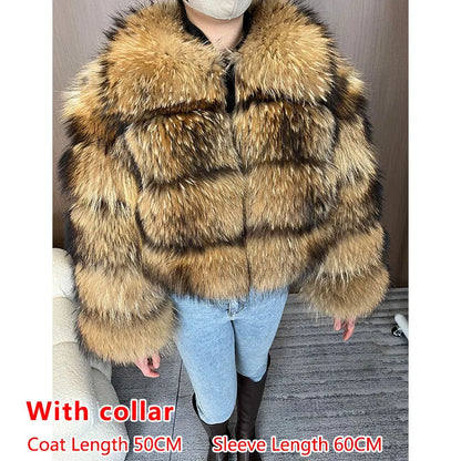 Real Fur Coat Women Natural Raccoon Fur Jacket  Long Sleeve With Hat