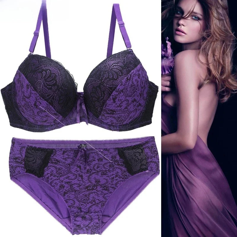 plus Size Bra Set  Full Cup Wireless Push up Bra And Briefs Combo Floral Print Fabric Breathable