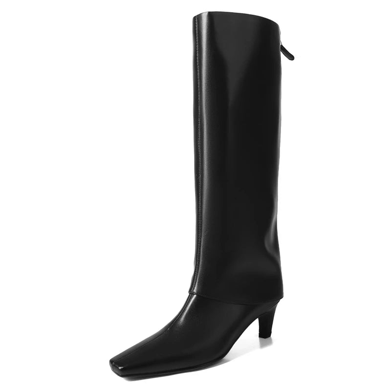 Real Sheepskin Women Knee High Boots Lady Autumn Winter Turned Over Edge Boots