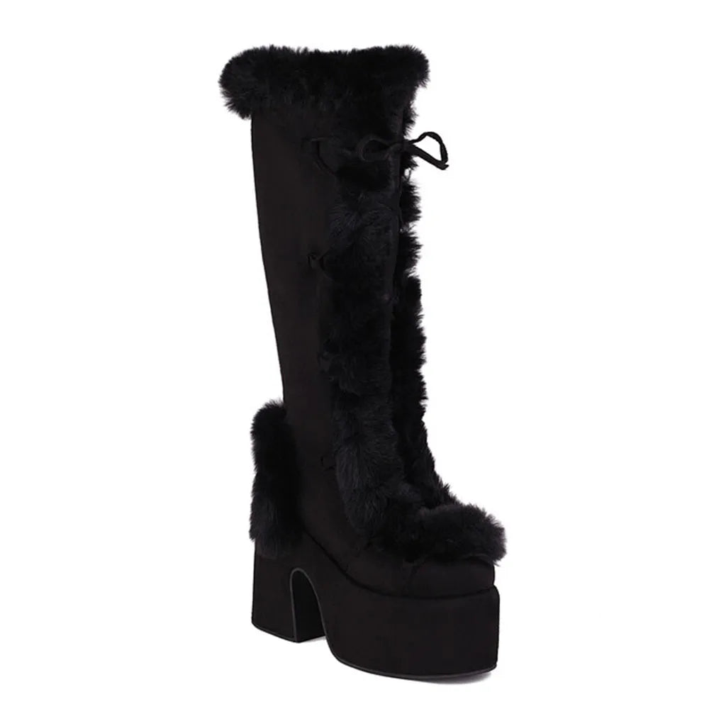 Fur Super Chunky High Heel Platform Mid-Calf Boots For Women