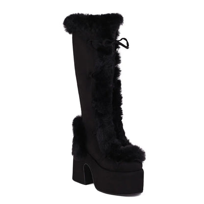 Fur Super Chunky High Heel Platform Mid-Calf Boots For Women