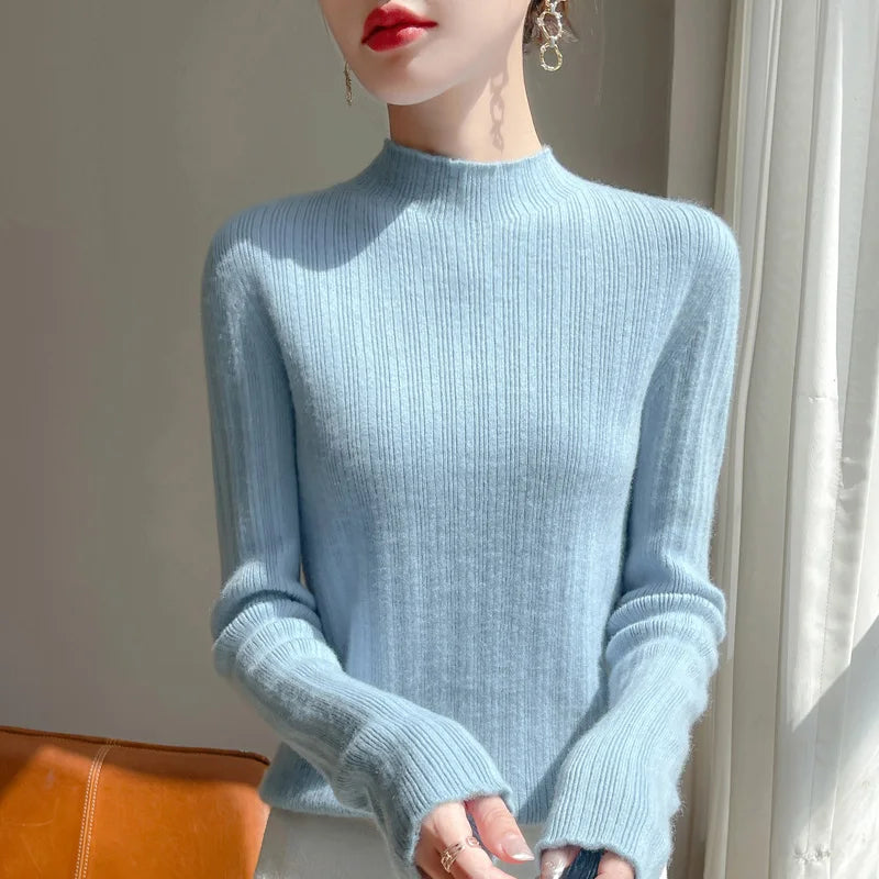 Autumn And Winter  Draw Strip Half Turtleneck Sweater Long Sleeve