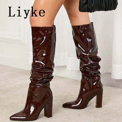 Autumn Winter Pleated Patent Leather Knee High Boots Slip On Motorcycle Shoes Women Square Heels