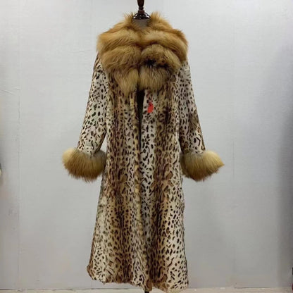 Women Fox Lapel Collar Natural Whole Skin Genuine Fur Long Jacket Real Rabbit Fur Leopard Print Overcoat