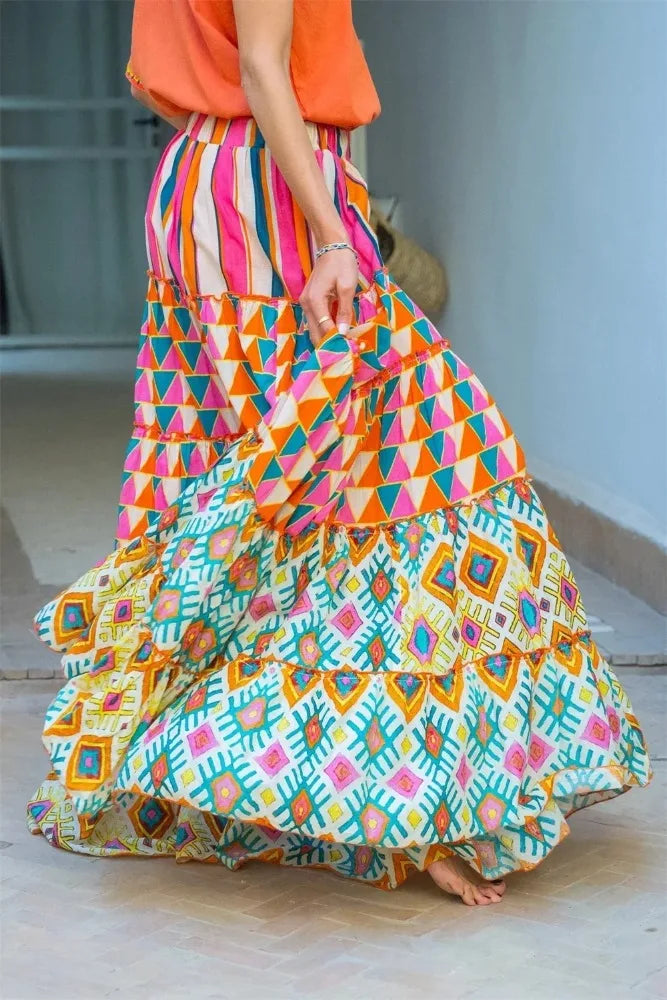 Summer Long Skirts Clothes Boho  Print Casual Beach Maxi Skirt