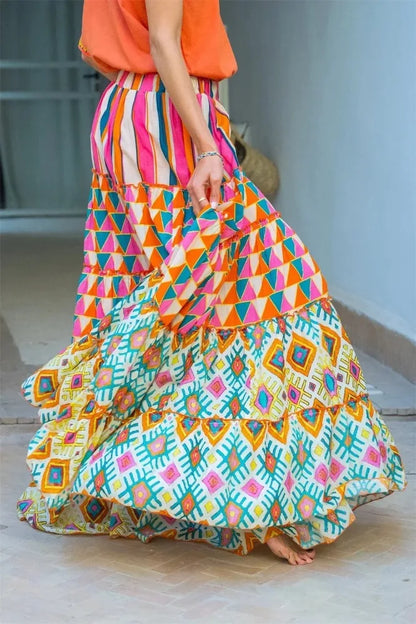 Summer Long Skirts Clothes Boho  Print Casual Beach Maxi Skirt
