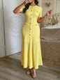 Yellow Textured Knit Midi Dress with Front Buttons and Faux Pockets